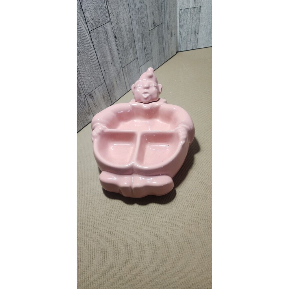 Vintage Pink Ceramic Clown Hankscraft Divided Baby Food Warmer Dish 1940s